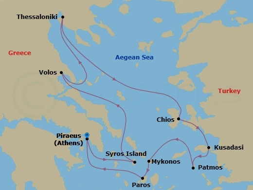 Greece Intensive Cruise: Thessaloniki, Patmos & Mykonos Route Map