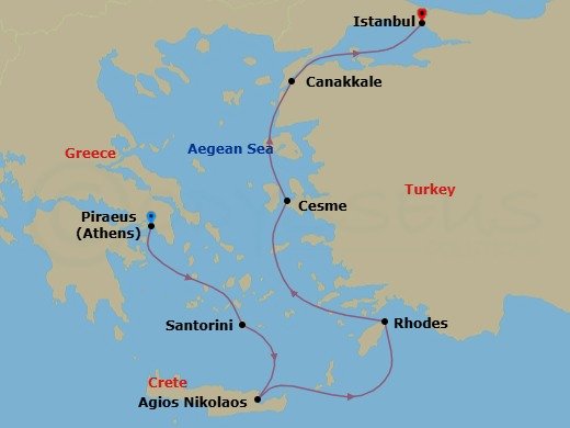 Greece Intensive Cruise: Santorini, Crete & Rhodes Route Map