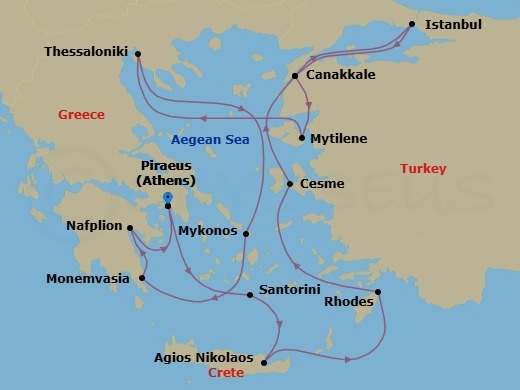 Greece Intensive Combination Cruise: Santorini, Volos & Mykonos Route Map