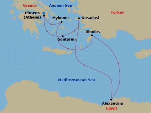 Greek Isles, Turkey & Cairo Overnight Route Map
