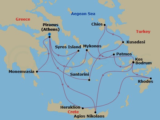 Greece Intensive Combination Cruise: Santorini, Rhodes & Patmos Route Map