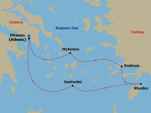 Greek Isles & Mykonos Overnight Route Map