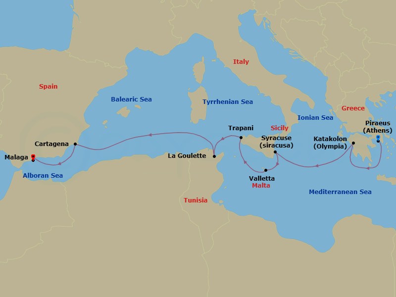 Greece, Italy & Spain Cruise: Athens, Siracusa & Malaga Route Map