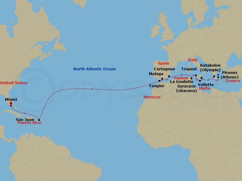 Transatlantic Combination Cruise: Malta, Malaga & Miami Route Map