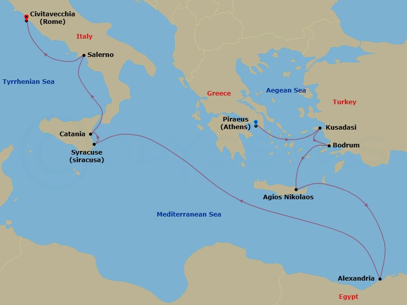 Turkey, Egypt & Italy Cruise: Ephesus, Alexandria & Amalfi Coast Route Map