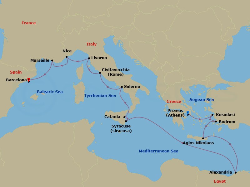 Egypt, Italy & France Combination Cruise: Alexandria, Amalfi Coast & Nice Route Map