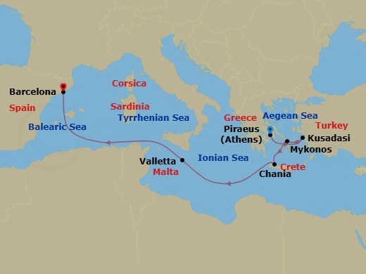 7-Day Mediterranean Splendor: Greek Isles & Malta Route Map