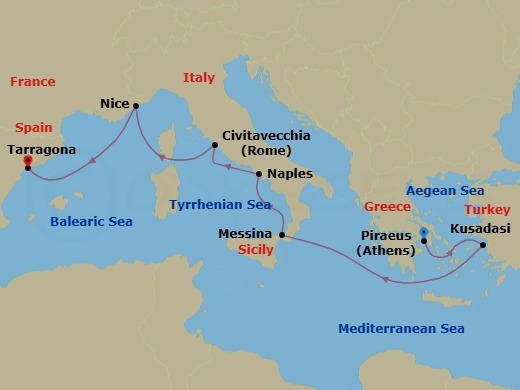 Mediterranean Rivieras: Italy, France & Spain (Westbound) Route Map