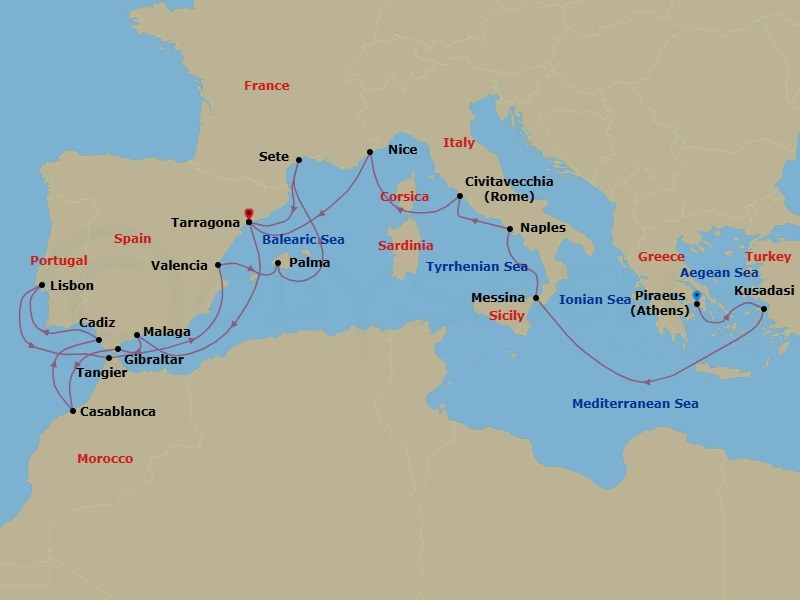 Grand Mediterranean Discovery (22 Nights) Route Map
