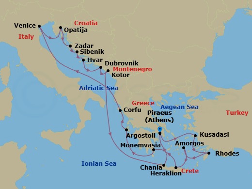 Greece & Croatia Combination Cruise: Rhodes, Venice & Dubrovnik Route Map