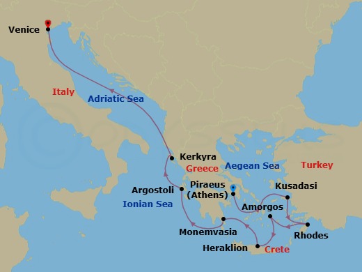 Greece Intensive Cruise: Rhodes, Crete & Corfu Route Map