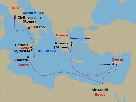 Egypt, Malta & Italy Cruise: Alexandria, Valletta & Amalfi Route Map