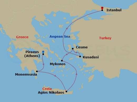 7-Day Crete, Mykonos & Ephesus Route Map