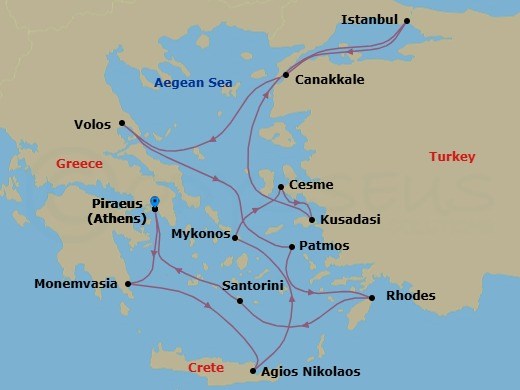 14-Day Greek Isles & Ephesus Route Map