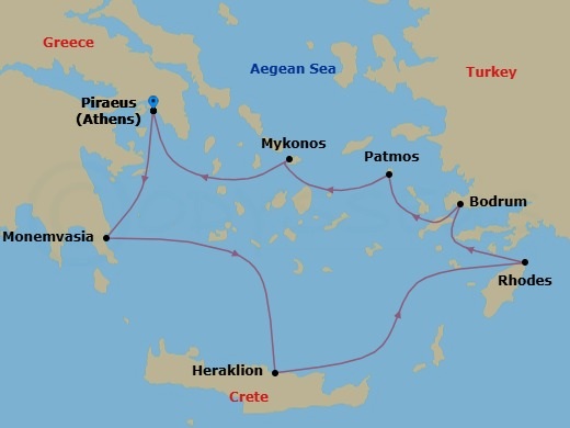 Greece Intensive Cruise: Rhodes, Patmos & Mykonos Route Map