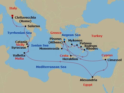 Greece, Egypt & Italy Combination Cruise: Rhodes, Alexandria & Amalfi Route Map