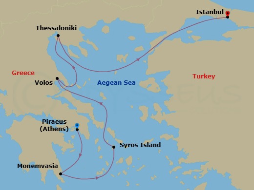 Greece Intensive Cruise: Monemvasia, Volos & Thessaloniki Route Map