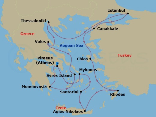 Greece Intensive Combination Cruise: Volos, Santorini & Mykonos Route Map
