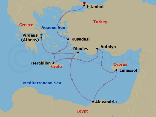 Romance, Ruins & Rhodes Route Map