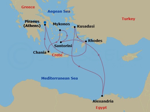 Greek Isles, Turkey & Cairo Overnight Route Map