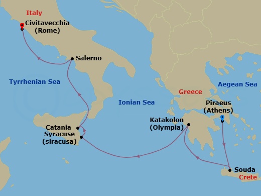 Greece & Italy Cruise: Olympia, Catania & Amalfi Coast (Salerno) Route Map
