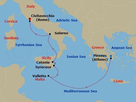 Italy Intensive Cruise: Siracusa, Amalfi Coast & Rome Route Map