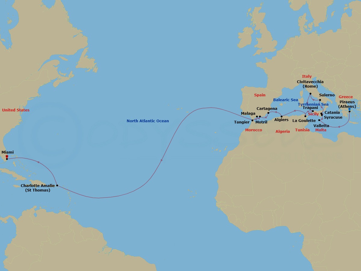 Transatlantic Combination Cruise: Athens To Miami Route Map