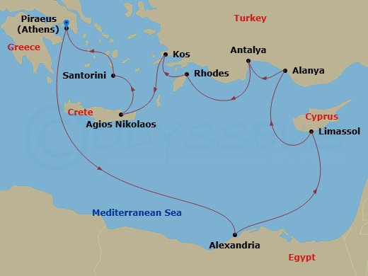 Egypt, Turkey & Greece Cruise: Alexandria, Rhodes & Athens Route Map