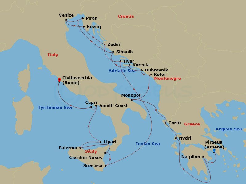 Ultimate Gems Of The Greek Islands, Adriatic & Amalfi Coast Route Map