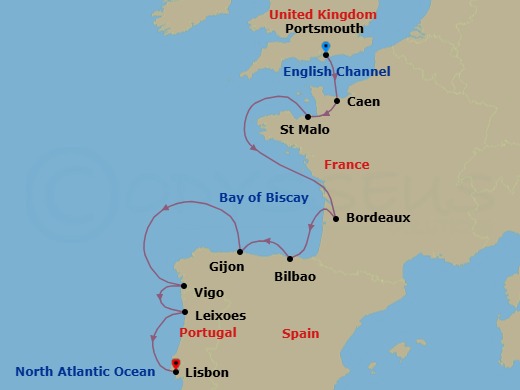 France, Spain & Portugal Cruise: Bordeaux, Bilbao & Porto Route Map