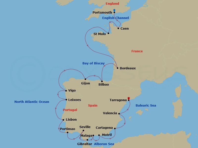 France, Portugal & Spain Combination Cruise: Bordeaux, Lisbon & Seville Route Map