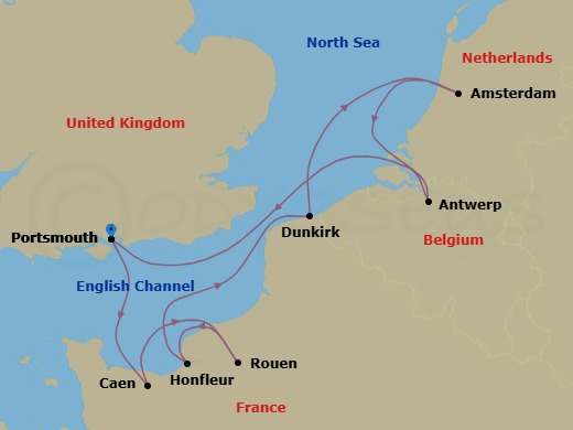 France, Netherlands & Belgium Cruise: Rouen, Amsterdam & Antwerp Route Map