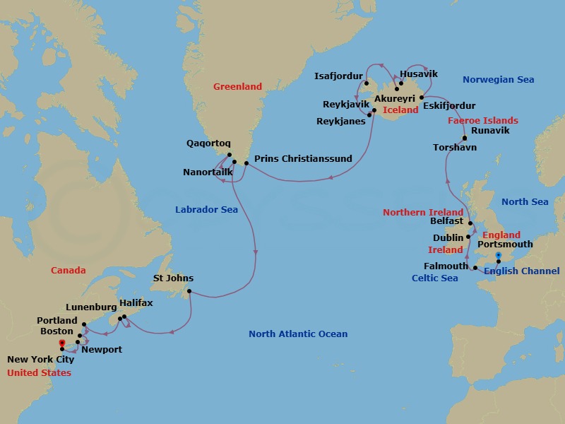 Portsmouth To New York Transatlantic Combination Cruise Route Map