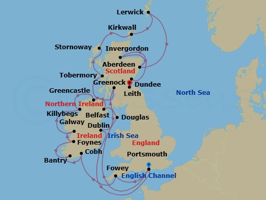 Ireland & Scotland Combination Cruise: Belfast, Aberdeen & Edinburgh Route Map