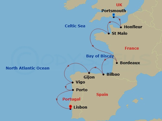 France & Spain Cruise: Honfleur, Bordeaux & Bilbao Route Map