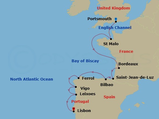 France, Spain & Portugal Cruise: Bordeaux, Bilbao & Lisbon Route Map