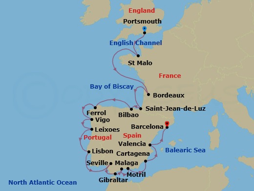 France, Portugal & Spain Combination Cruise: Bordeaux, Lisbon & Seville Route Map