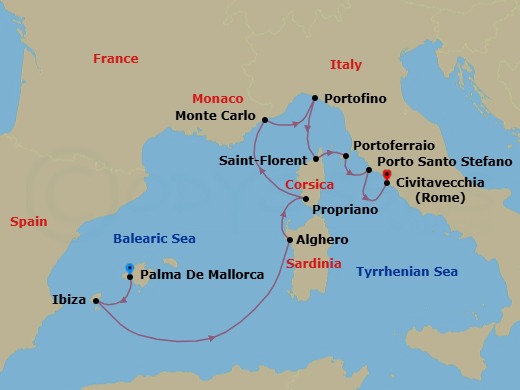 Mediterranean Highlights: Sardinia, Ibiza & The Riviera Route Map
