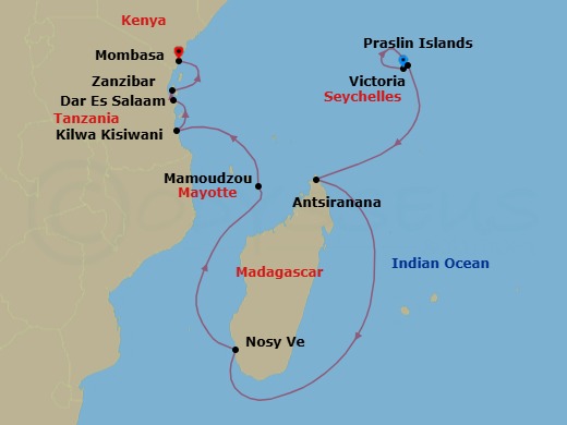 East African Isles: Seychelles, Madagascar, Tanzania & Kenya Route Map
