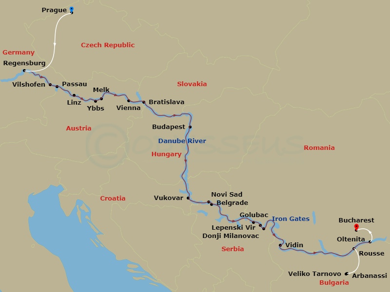 The Danube From Germany To Romania With 2 Nights In Prague And 1 Night In Bucharest Route Map