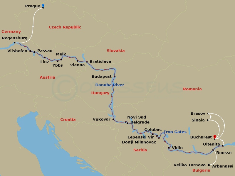 The Danube From Germany To Romania With 2 Nights In Prague, 1 Night In Bucharest & 2 Nights In Transylvania Route Map