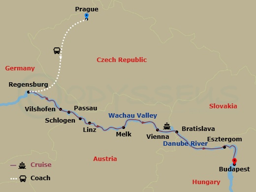 Illuminations On The Danube With 2 Nights In Prague (Eastbound) Route Map