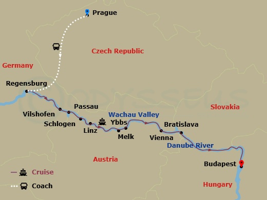 Danube Dreams With 2 Nights In Prague (Eastbound) Route Map