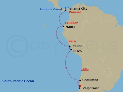 Panama, Ecuador & Peru Cruise: Panama City, Manta & Lima (Callao) Route Map