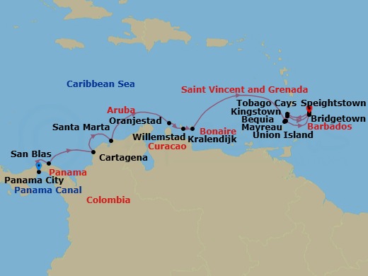 Discover Panama, Costa Rica And Barbados Route Map