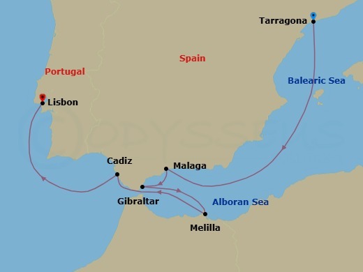 Mediterranean Splendor: Spain, Gibraltar & Portugal Featuring Melilla Route Map