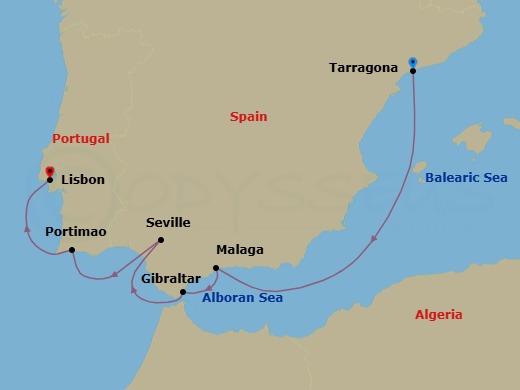 Spain & Portugal Cruise: Tarragona, Seville & Lisbon Route Map