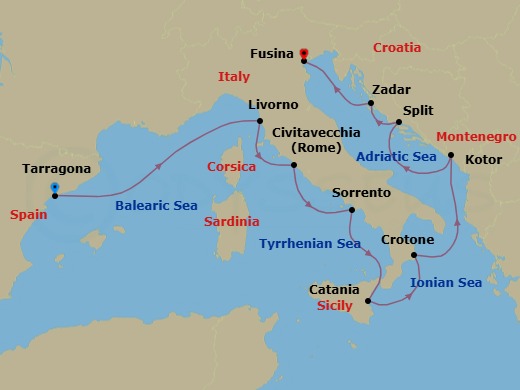 Italy, Montenegro & Croatia Cruise: Rome, Kotor & Zadar Route Map
