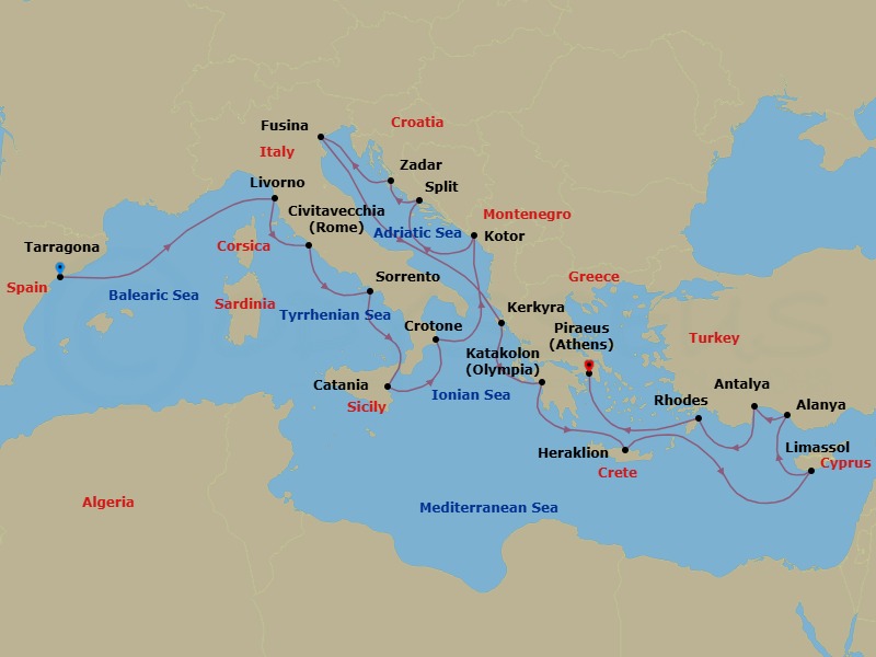 Italy, Greece & Turkey Combination Cruise: Rome, Venice & Athens Route Map
