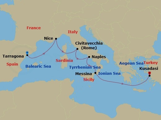 Mediterranean Rivieras: Spain, France & Italy (Eastbound) Route Map
